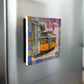 A decorative tile magnet showcases a classic yellow Lisbon tram, framed by a vibrant and detailed mosaic pattern. The word "Lisboa" is prominently positioned in the top right corner, highlighting the city's name and making it an ideal souvenir from Portugal.
