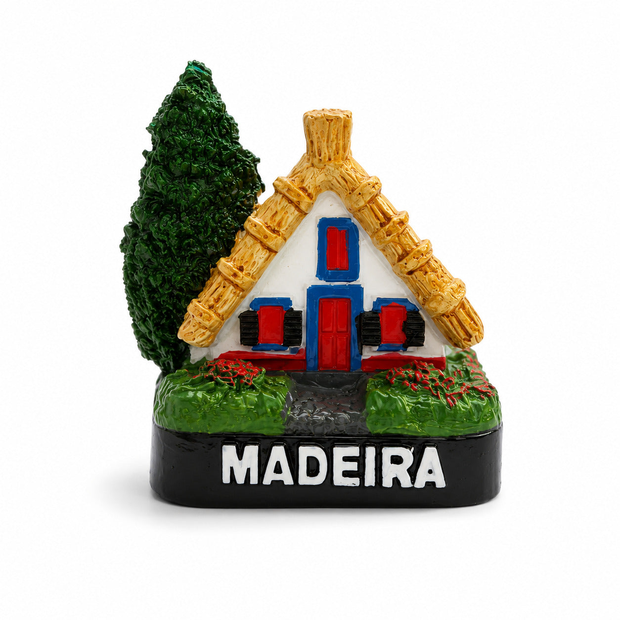 Madeira Traditional Santana House souvenir magnet isolated on a white background, featuring the iconic thatched cottage design associated with the island of Madeira.