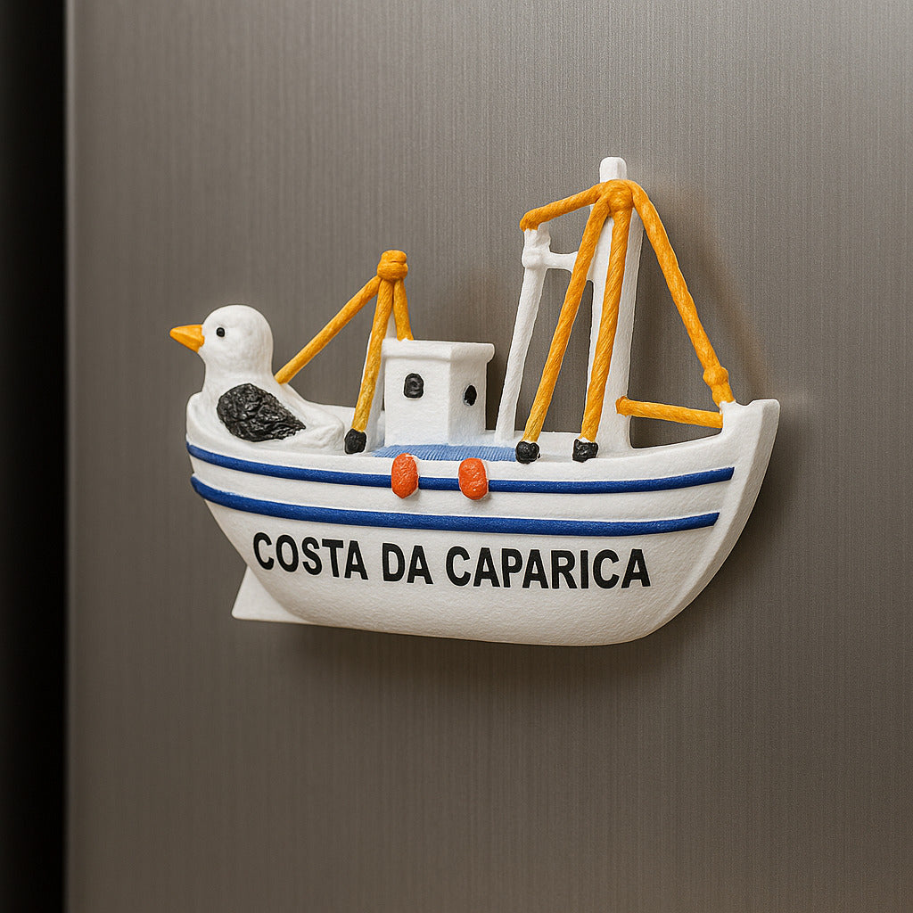 Decorative fishing boat magnet with a seagull on a metallic surface