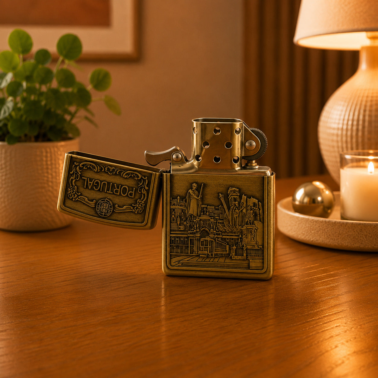 Open Portugal petrol lighter showcasing embossed historic landmarks and classic Zippo style ignition mechanism.