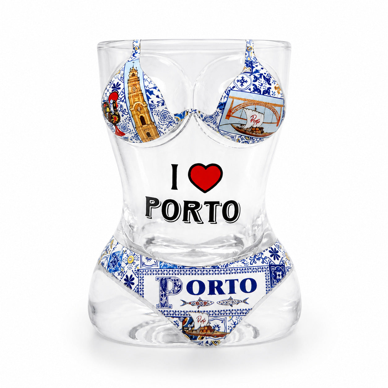 Transparent Porto souvenir shot glass with women bikini design, Portuguese azulejo patterns, Clérigos Tower illustration, and Porto typography on white background.