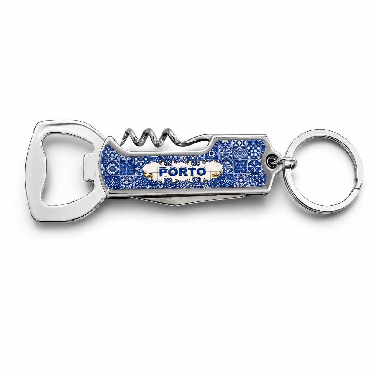 Porto azulejo multi-function keychain with bottle opener, corkscrew and folding knife displayed open on a white background.