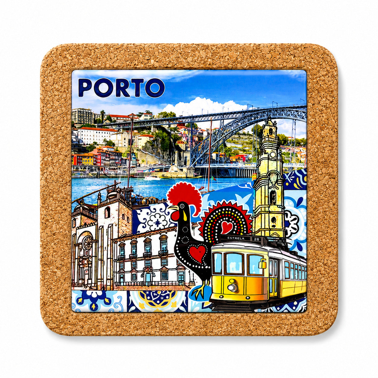 Front view of Porto cork base with embedded ceramic azulejo tile featuring Dom Luís I Bridge, Clérigos Tower, traditional yellow tram and Portuguese cultural symbols.