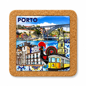 Front view of Porto cork base with embedded ceramic azulejo tile featuring Dom Luís I Bridge, Clérigos Tower, traditional yellow tram and Portuguese cultural symbols.