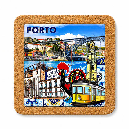Front view of Porto cork base with embedded ceramic azulejo tile featuring Dom Luís I Bridge, Clérigos Tower, traditional yellow tram and Portuguese cultural symbols.