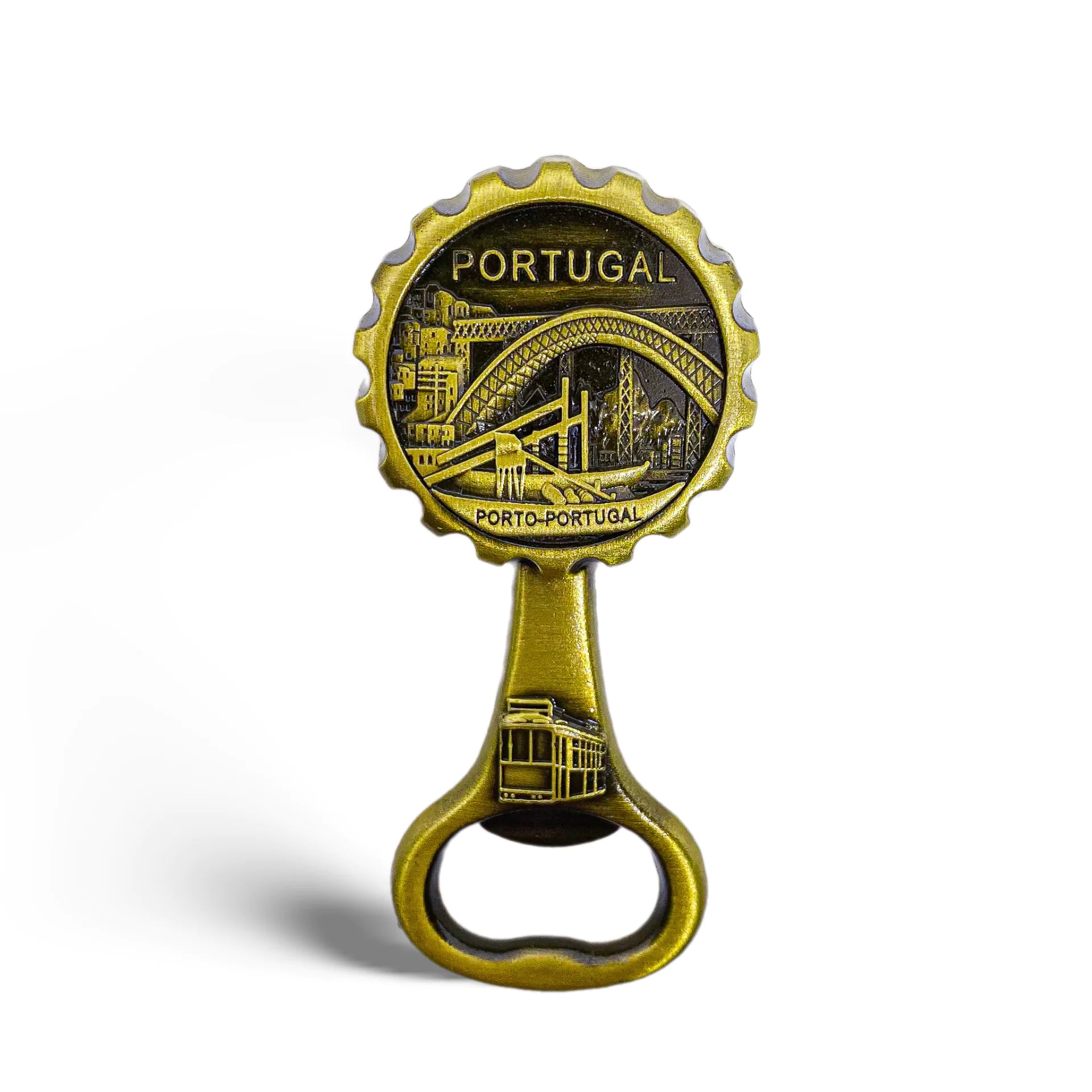 A decorative brass bottle opener featuring an engraved design of Porto, Portugal. The circular top showcases a detailed illustration of the Dom Luís I Bridge, a traditional tram, and cityscapes, with the inscriptions "PORTUGAL" and "PORTO-PORTUGAL.
