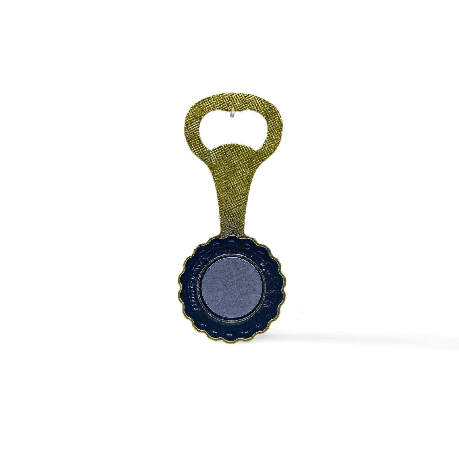 A bottle opener with a blue, scalloped circular base and a gold handle. The handle has a textured pattern and a small hole at the top for hanging. This charming souvenir from Portugal is displayed against a plain white background, making it an eye-catching addition to any kitchen.