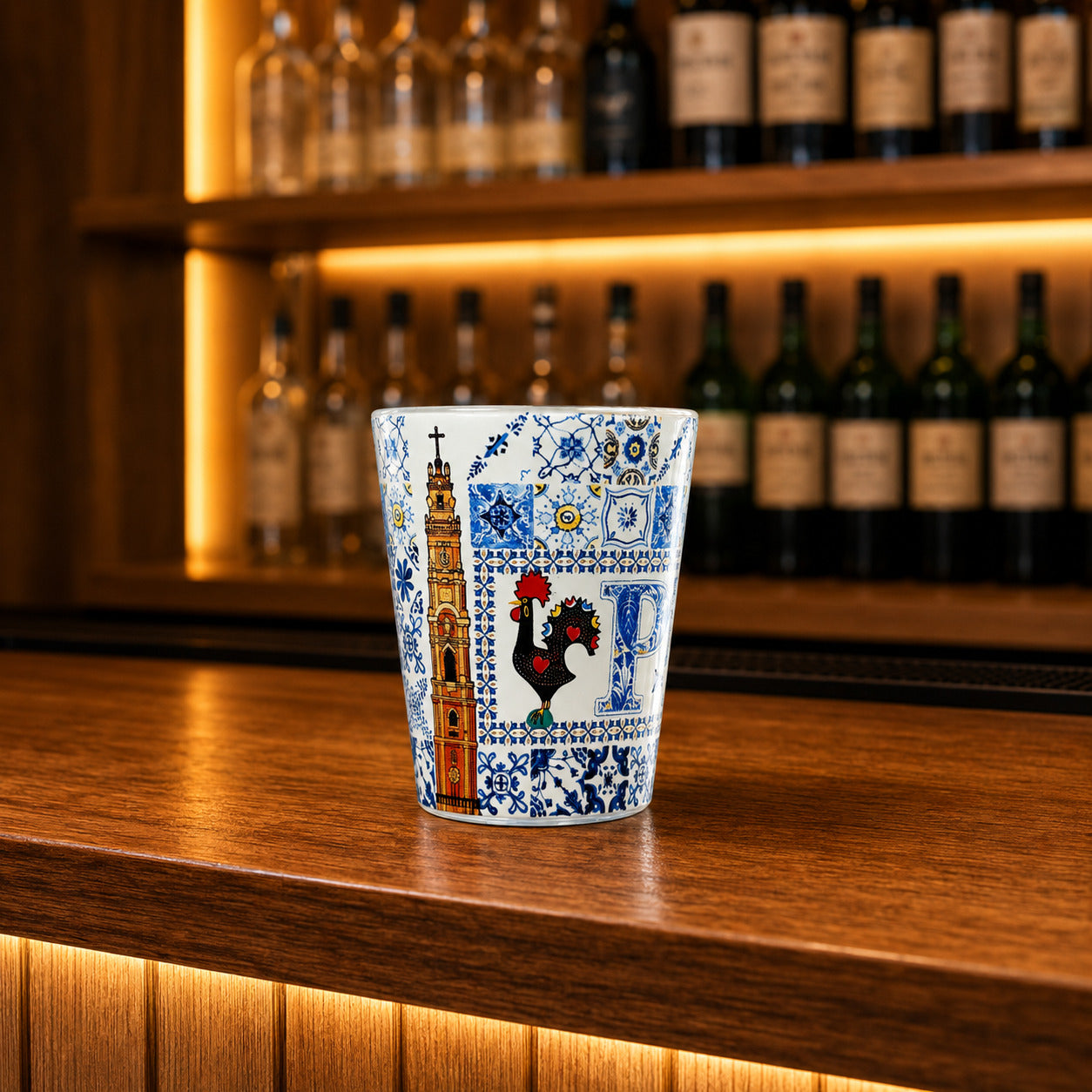 Porto glass shot souvenir featuring traditional Portuguese rooster illustration, azulejo tile patterns, and Porto cultural symbols