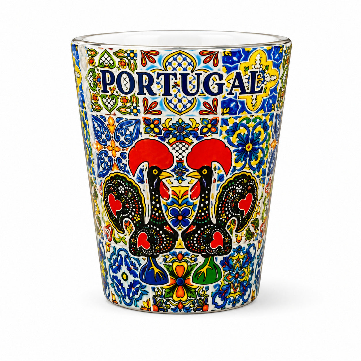 Portugal souvenir shot glass with vibrant Barcelos rooster artwork and traditional azulejo tile design isolated on white background.