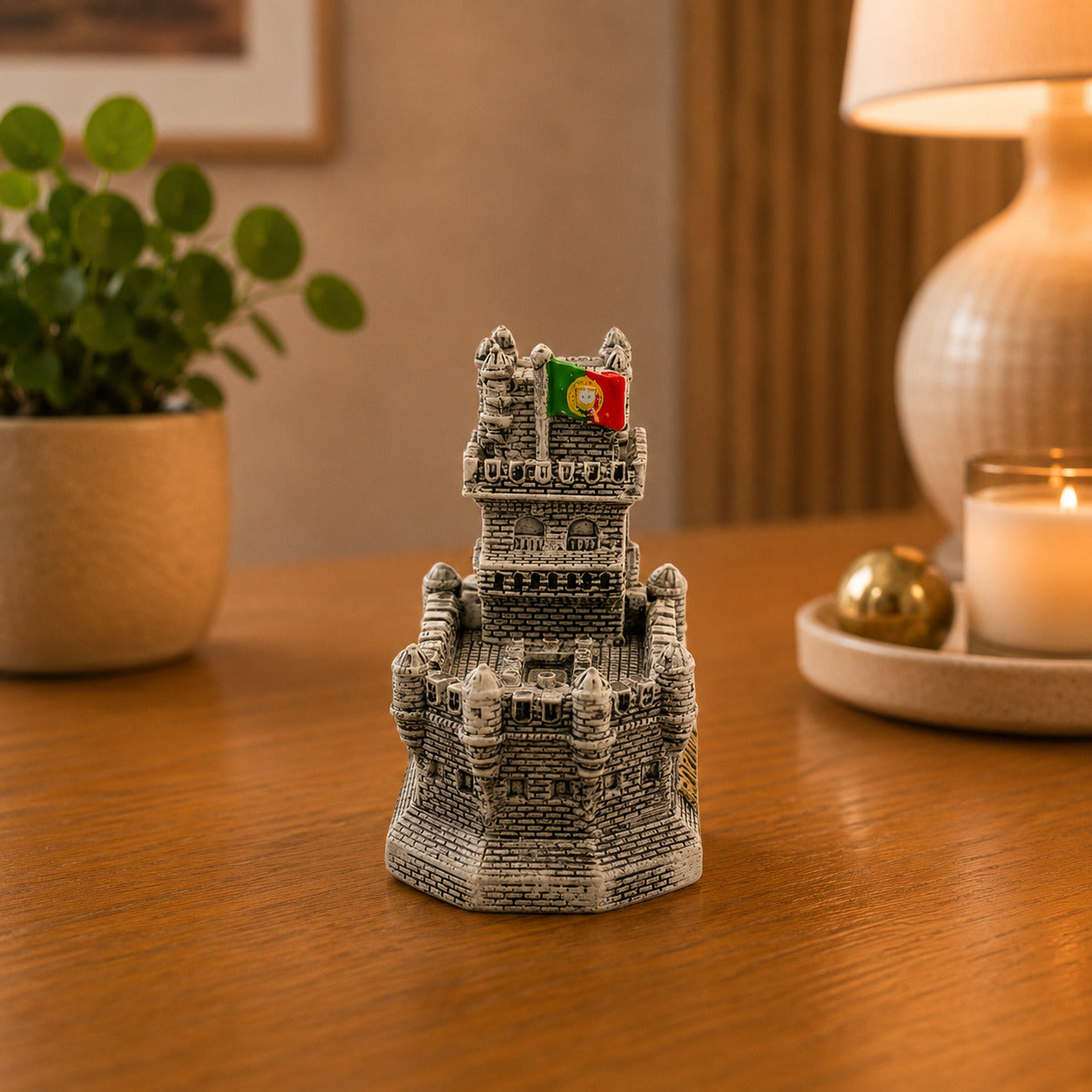 Detailed Portugal Belém Tower collectible souvenir with a Portuguese flag, inspired by the historic UNESCO World Heritage monument in Lisbon.