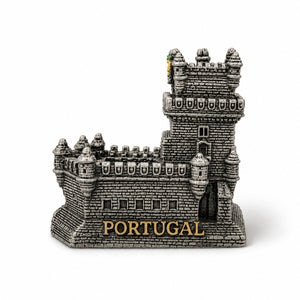 Portugal Belém Tower souvenir figurine isolated on a white background, featuring a detailed miniature replica of Lisbon’s historic waterfront fortress and national monument.