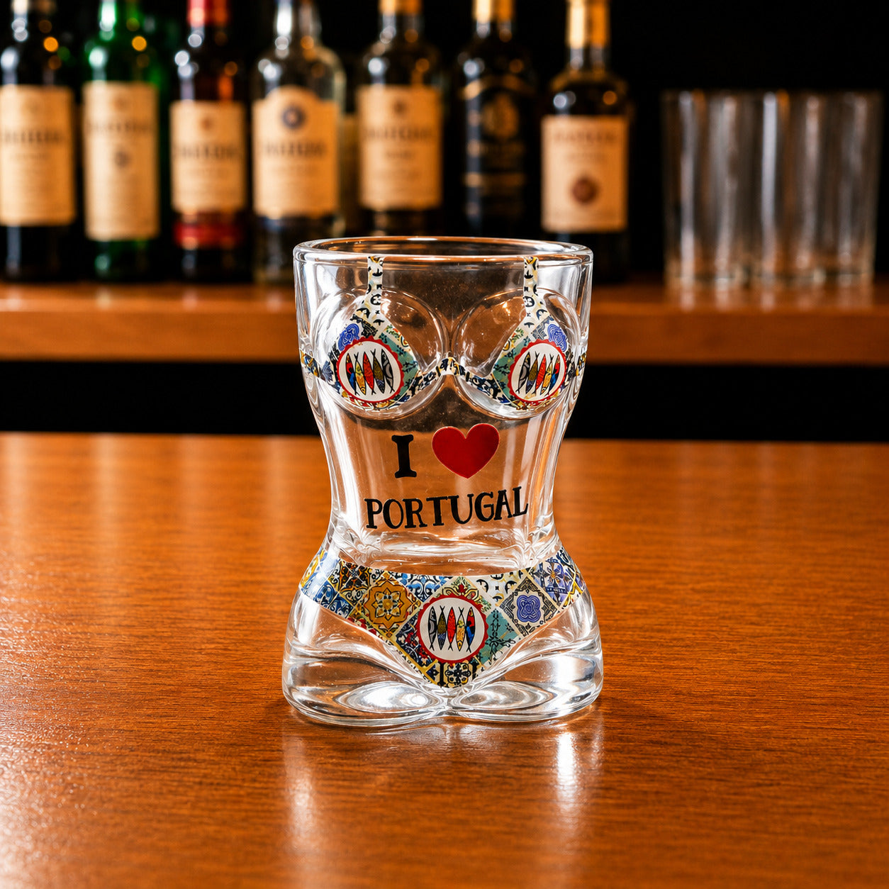 Front angled view of Portugal bikini style souvenir shot glass featuring Portuguese tile inspired artwork and I Love Portugal print on wooden surface.