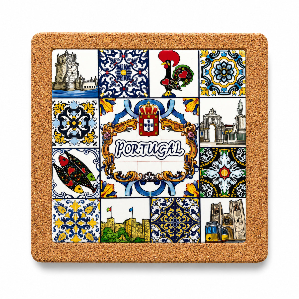 Front view of Portugal cork base with embedded ceramic azulejo tile featuring Portuguese symbols, sardines, Barcelos rooster, tram and traditional tile patterns.