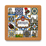 Front view of Portugal cork base with embedded ceramic azulejo tile featuring Portuguese symbols, sardines, Barcelos rooster, tram and traditional tile patterns.