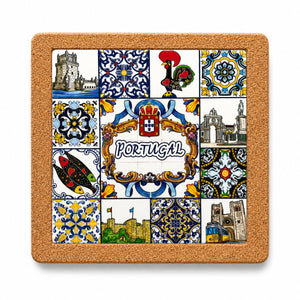 Front view of Portugal cork base with embedded ceramic azulejo tile featuring Portuguese symbols, sardines, Barcelos rooster, tram and traditional tile patterns.