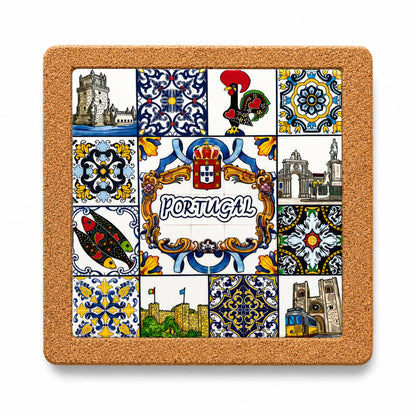 Front view of Portugal cork base with embedded ceramic azulejo tile featuring Portuguese symbols, sardines, Barcelos rooster, tram and traditional tile patterns.