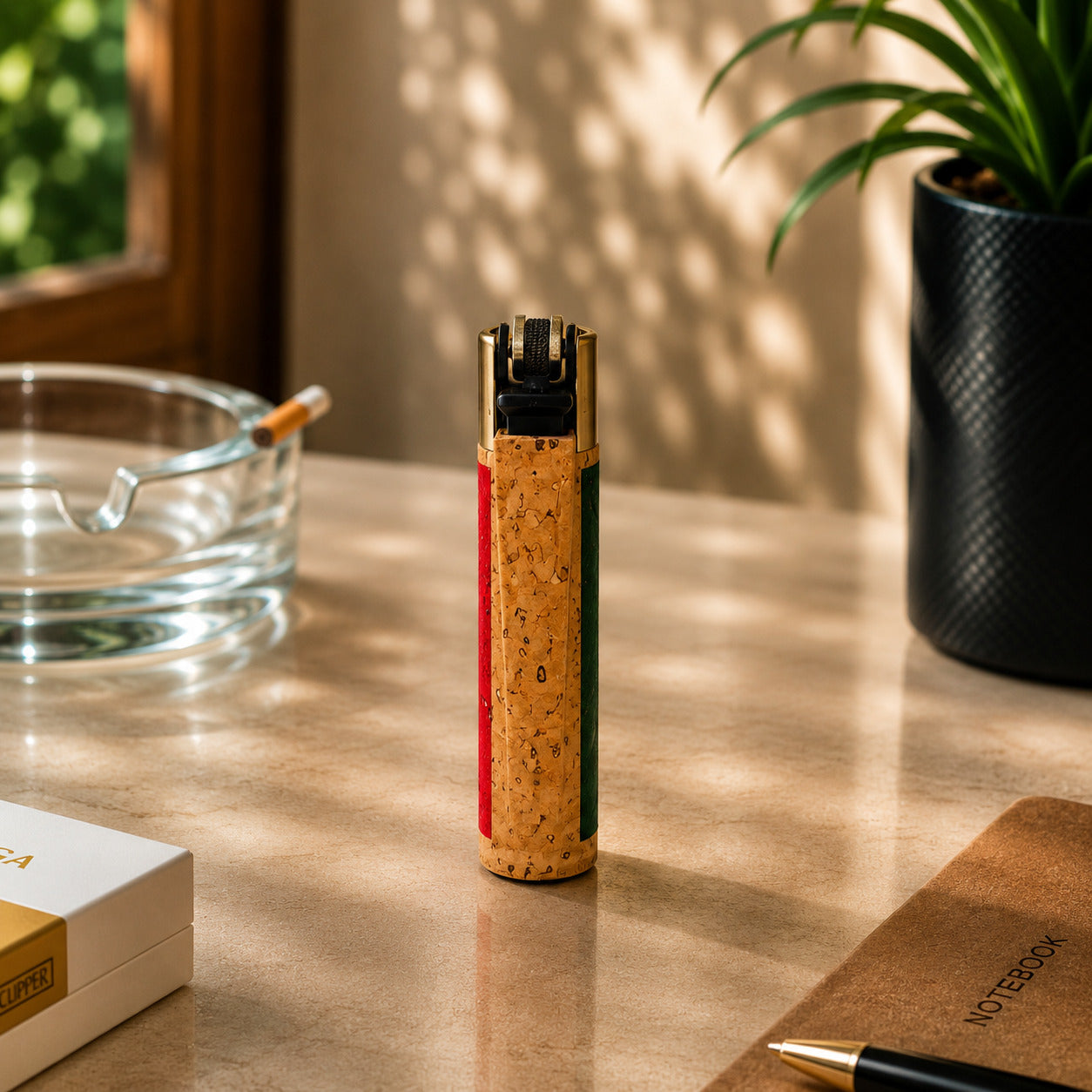 Back view of Portugal cork Clipper lighter showcasing the natural cork finish and refillable Clipper mechanism in a lifestyle environment