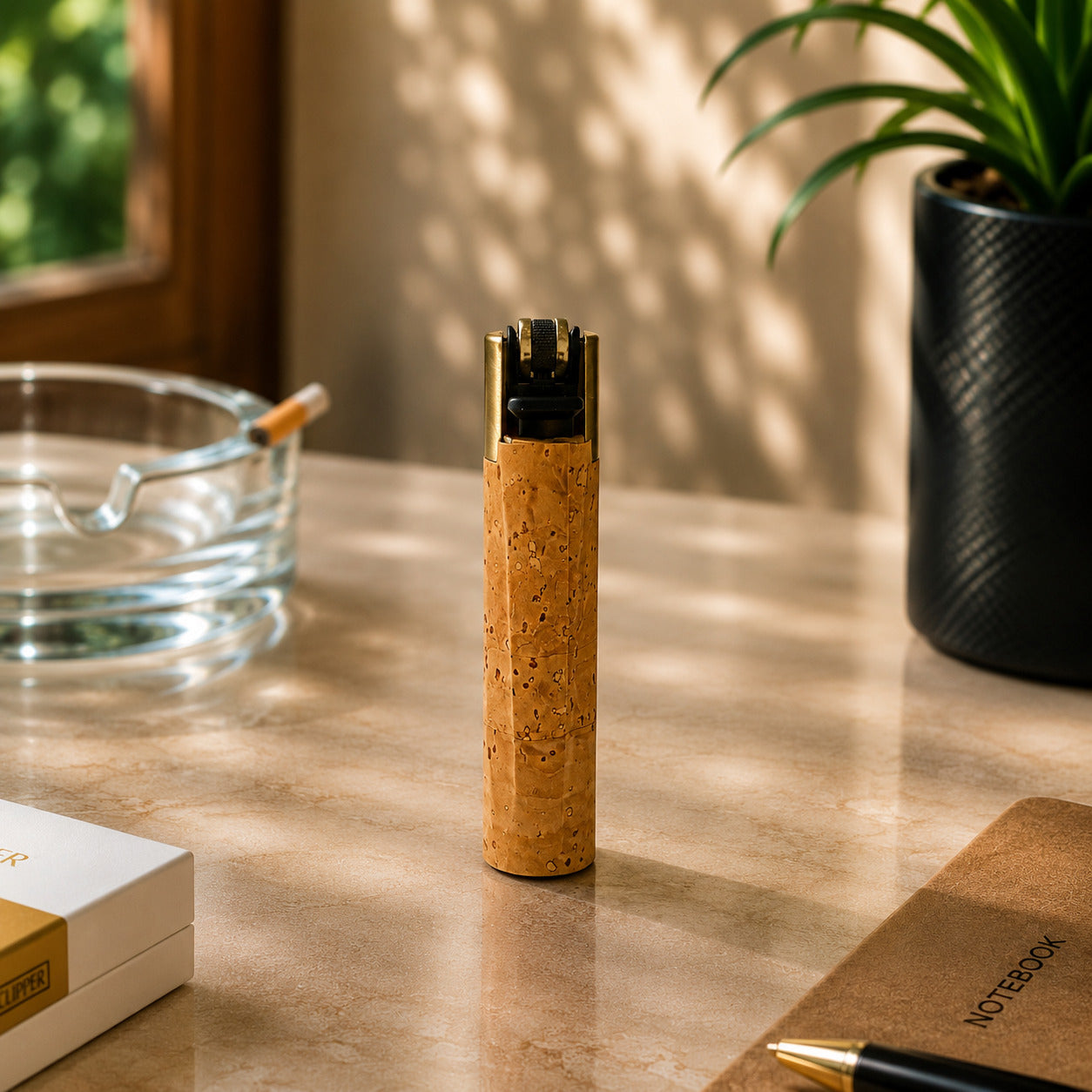 Rear view of a Portugal cork Clipper lighter showcasing the natural cork finish and refillable Clipper mechanism in a lifestyle environment with soft natural light.