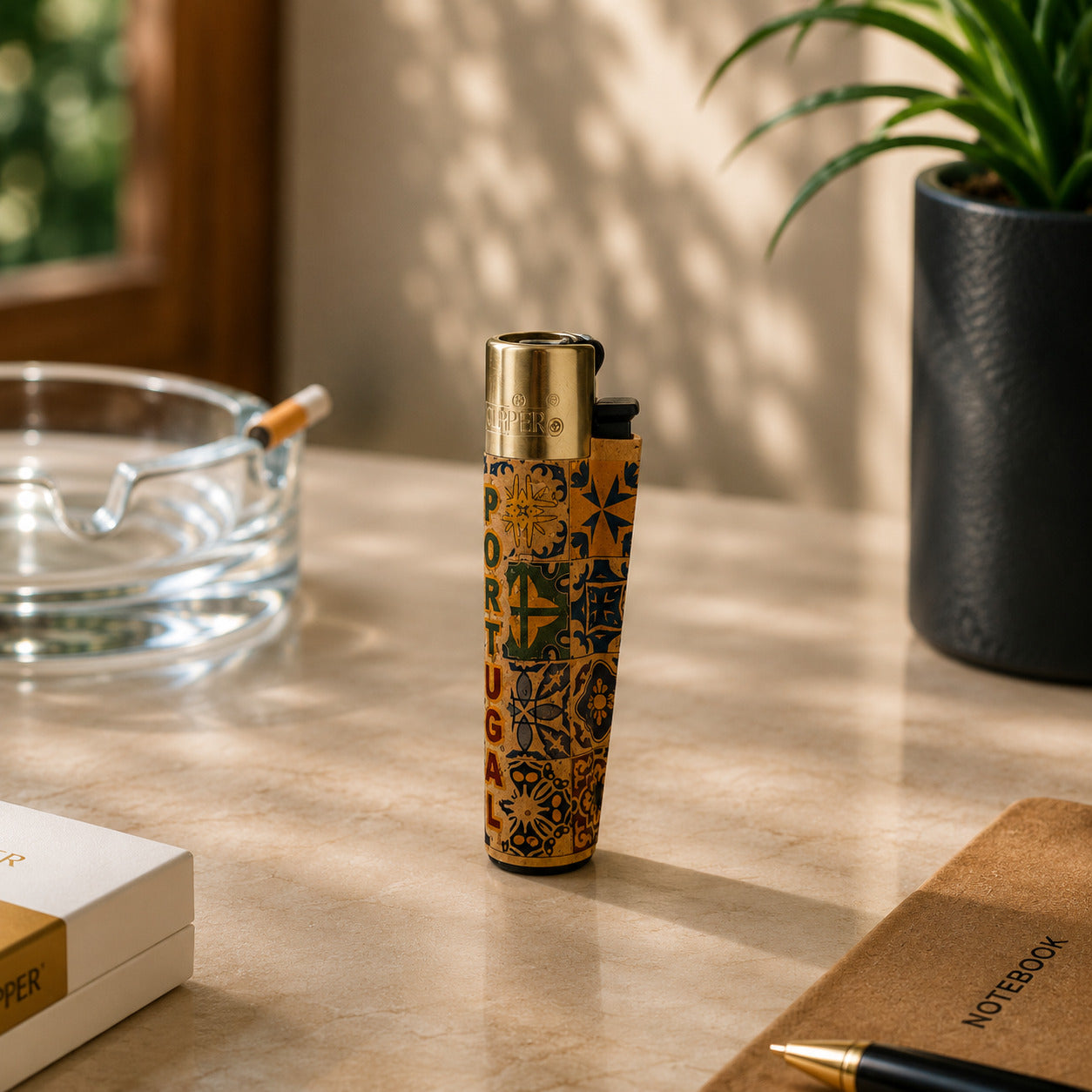 Portugal cork Clipper lighter featuring colourful Portugal lettering and classic Portuguese azulejo tile patterns photographed in a lifestyle environment with natural sunlight.