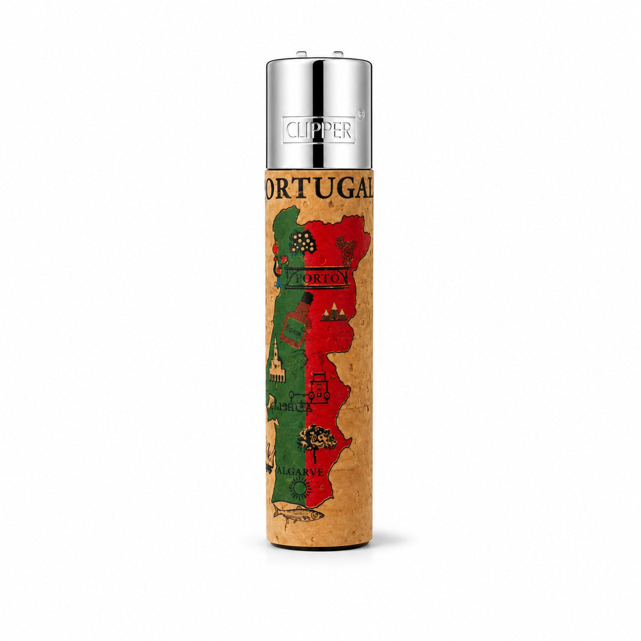 Portugal cork Clipper lighter displaying a map of Portugal with regional landmarks, cultural symbols and tourist destinations including Porto and Algarve
