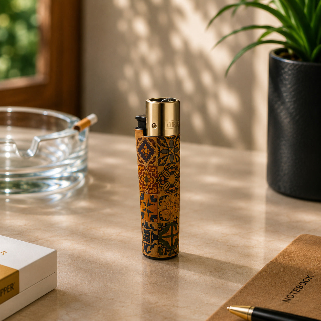 Portugal cork Clipper lighter decorated with traditional Portuguese azulejo mosaic patterns in blue and gold tones displayed on a desk with warm natural lighting and decorative elements.
