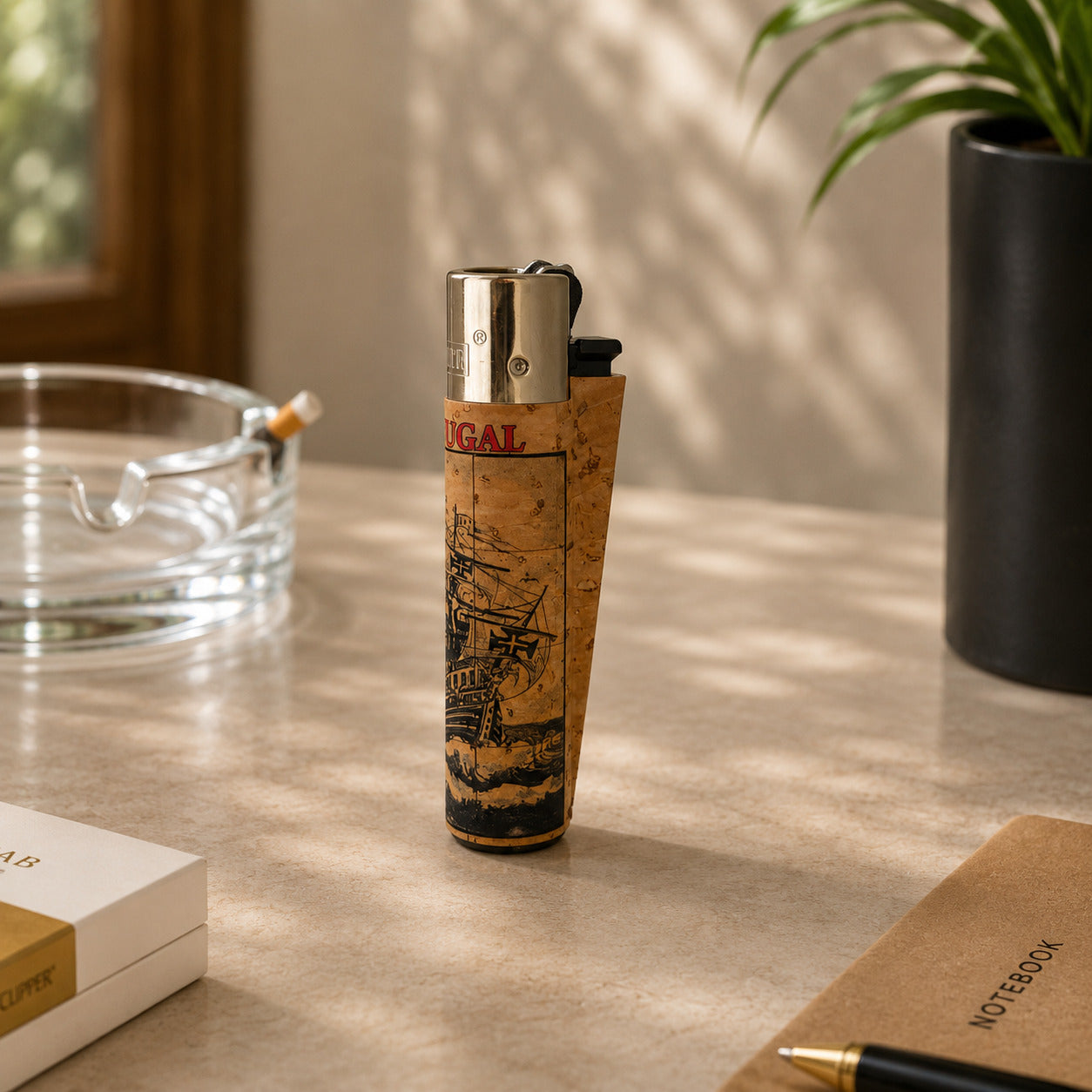 Portugal cork Clipper lighter decorated with a detailed Portuguese caravel sailing ship illustration representing Portugal's maritime heritage, displayed on a desk with warm natural lighting.