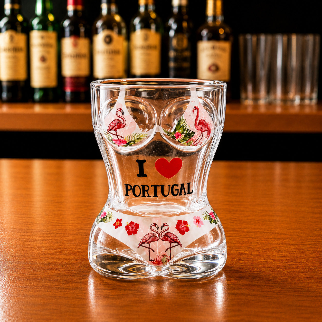 Front view of Portugal flamingo bikini style souvenir shot glass with I Love Portugal text and tropical flamingo design on wooden counter.
