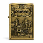 Close-up of a Portugal souvenir Zippo style lighter with detailed Portuguese cultural landmarks and antique metal finish.