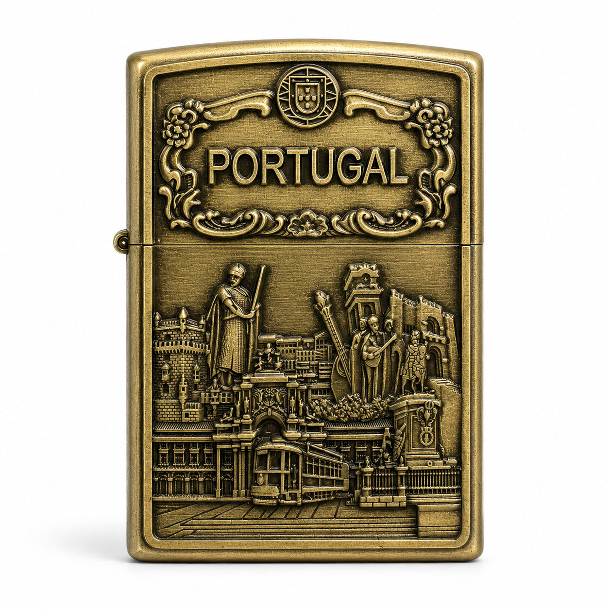 Close-up of a Portugal souvenir Zippo style lighter with detailed Portuguese cultural landmarks and antique metal finish.