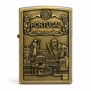 Close-up of a Portugal souvenir Zippo style lighter with detailed Portuguese cultural landmarks and antique metal finish.