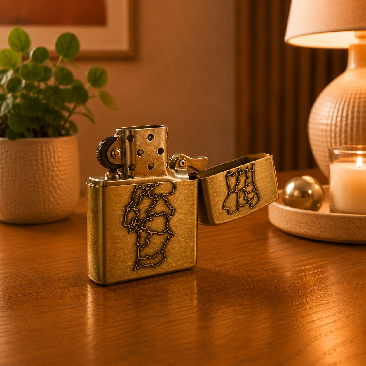 Open vintage Portugal petrol lighter displaying the classic ignition mechanism and engraved Portugal map design.