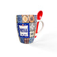 A ceramic coffee mug with a colorful, intricate tile design and the word "Portugal" displayed prominently on it. This charming souvenir is paired with a red plastic spoon, which is placed through a hole in the mug's handle, resting against its side.