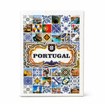 Front view of Portugal playing cards souvenir box with a central Portugal title, ornamental frame, and a collage of Portuguese tiles, landmarks, and cultural elements.