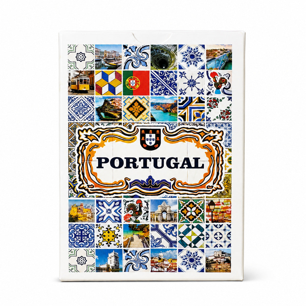 Front view of Portugal playing cards souvenir box with a central Portugal title, ornamental frame, and a collage of Portuguese tiles, landmarks, and cultural elements.