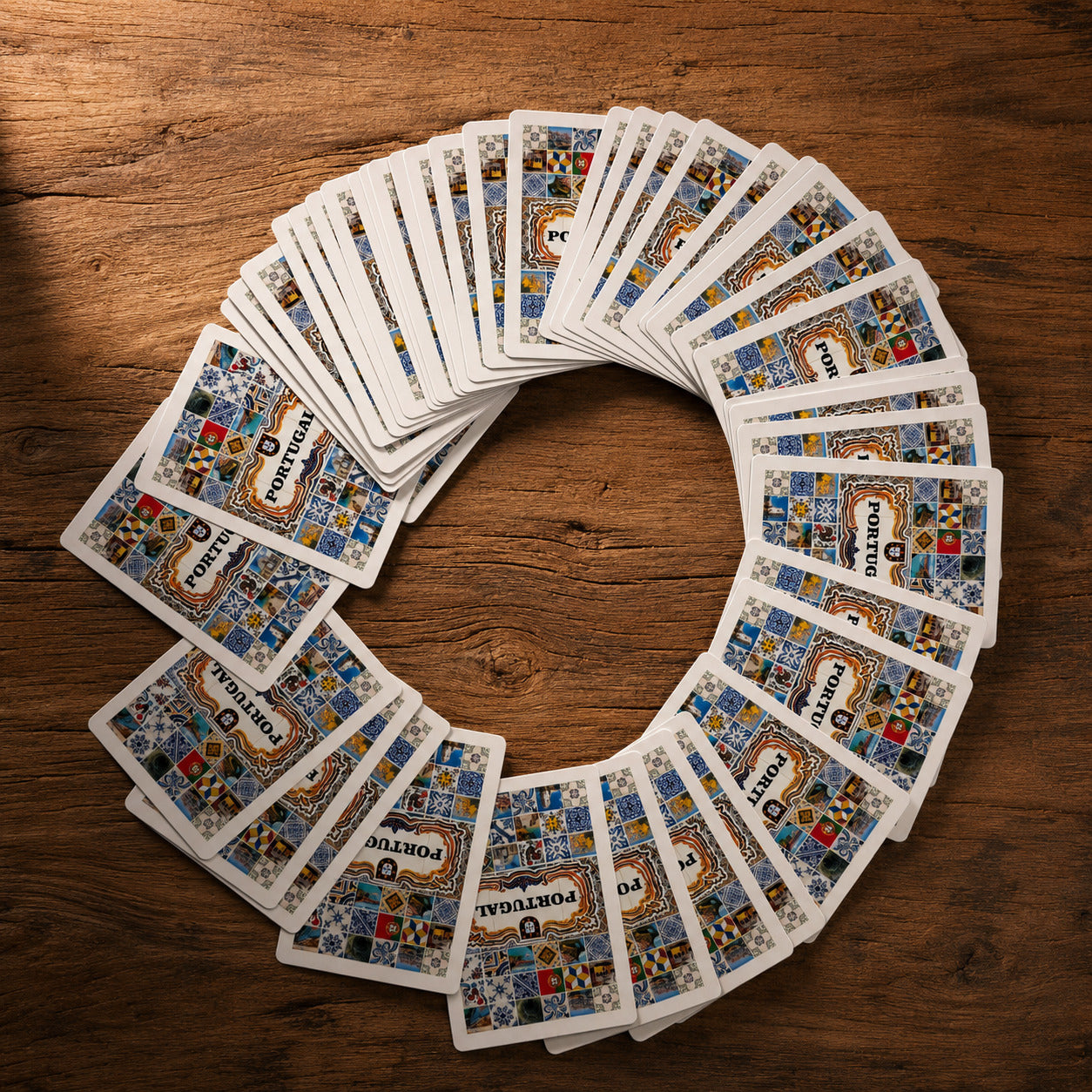 Portugal playing cards souvenir deck arranged in a circular spread on a wooden table, showing card backs with Portuguese tile patterns and Portugal-themed design.
