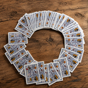 Portugal souvenir playing cards arranged in a circular spread on a rustic wooden table, showing card backs with azulejo tiles, Lisbon tram, rooster, guitar, and Portuguese cultural symbols.