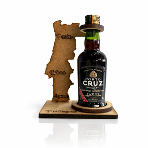 Clean product image of Porto Cruz Tawny Port wine displayed on a wooden Portugal-shaped stand engraved with Portuguese cities.