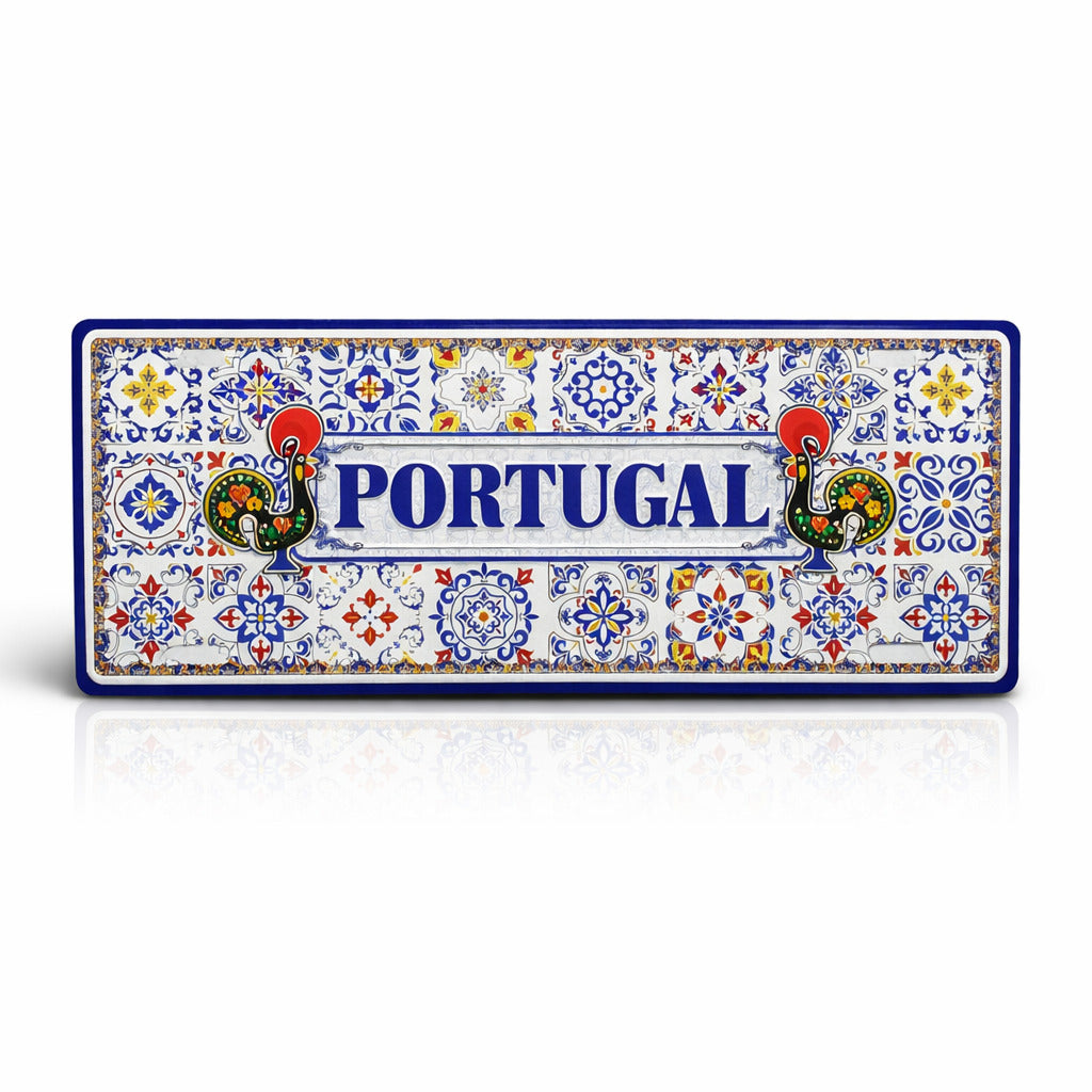 Portugal metal souvenir sign isolated on white background featuring traditional azulejos patterns and decorative Barcelos roosters