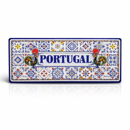 Portugal metal souvenir sign isolated on white background featuring traditional azulejos patterns and decorative Barcelos roosters