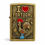 Close-up view of a Portugal souvenir lighter featuring the iconic Barcelos Rooster and I Love Portugal design.