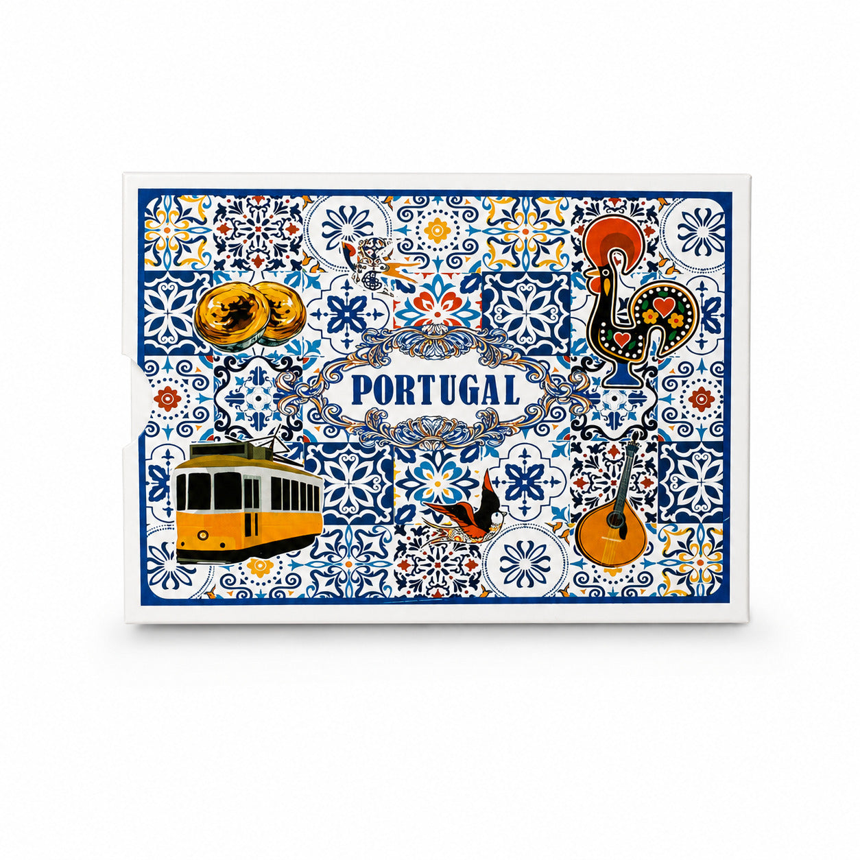 Front view of Portugal souvenir playing cards box featuring azulejo tile patterns, yellow Lisbon tram, Barcelos rooster, Portuguese guitar, swallows, and traditional Portuguese icons.