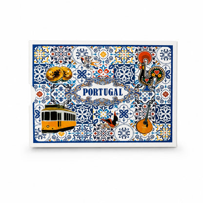 Front view of Portugal souvenir playing cards box featuring azulejo tile patterns, yellow Lisbon tram, Barcelos rooster, Portuguese guitar, swallows, and traditional Portuguese icons.