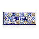 Portugal metal souvenir sign isolated on white background featuring traditional colorful Portuguese azulejos tile patterns