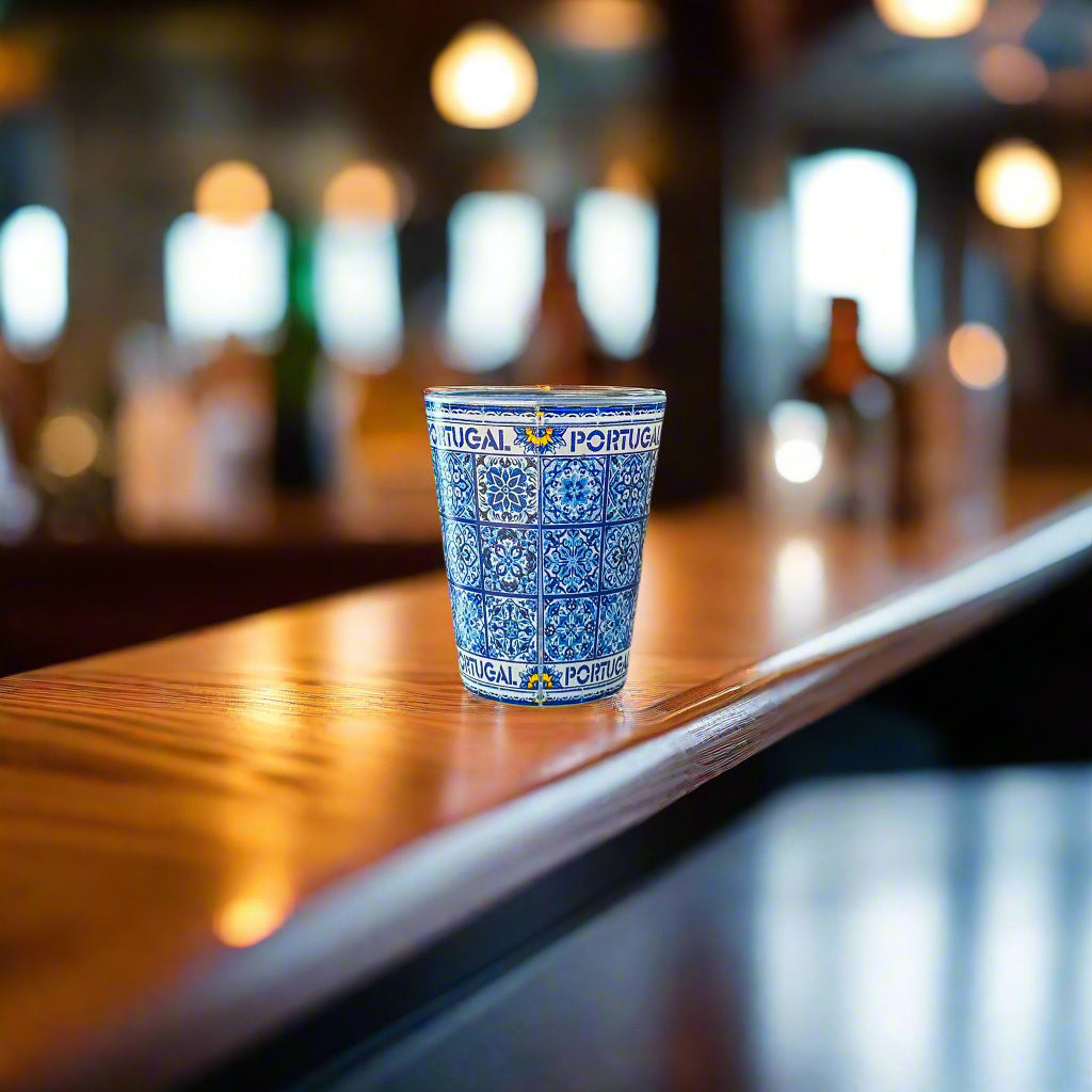 Blue and white Portugal shot glass with classic azulejo-inspired artwork photographed on a rustic wooden bar with blurred background lights.