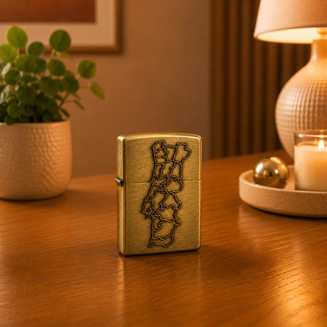 Vintage metal petrol lighter featuring an engraved map of Portugal with regional outlines and antique brass finish.