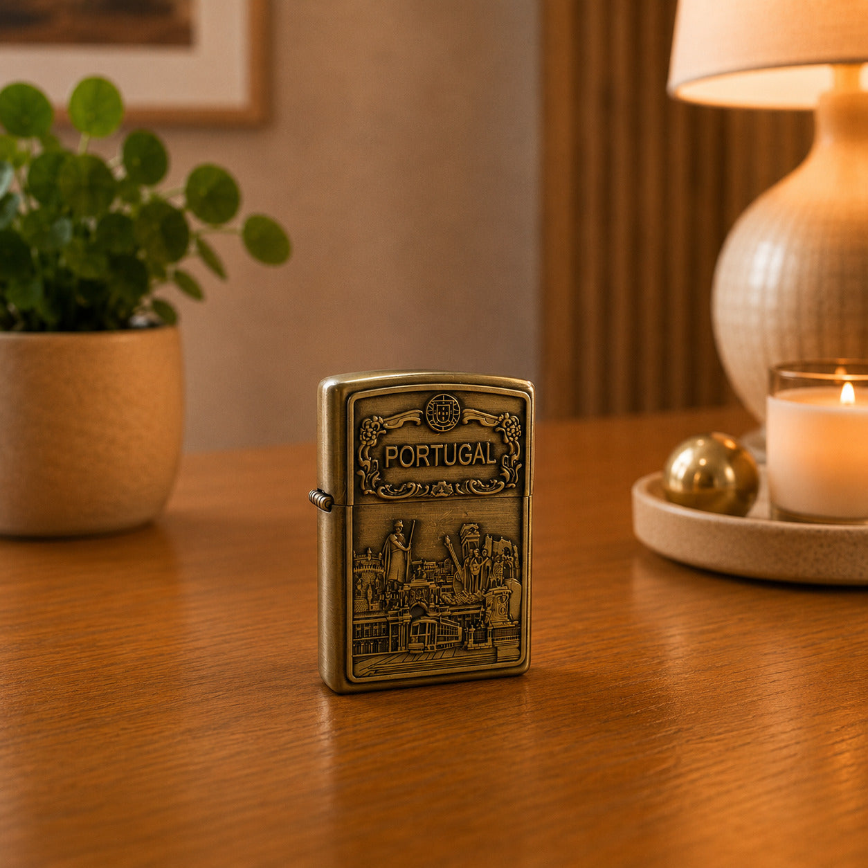 Vintage Portugal Zippo style petrol lighter featuring embossed Portuguese monuments, traditional architecture, and antique brass finish.