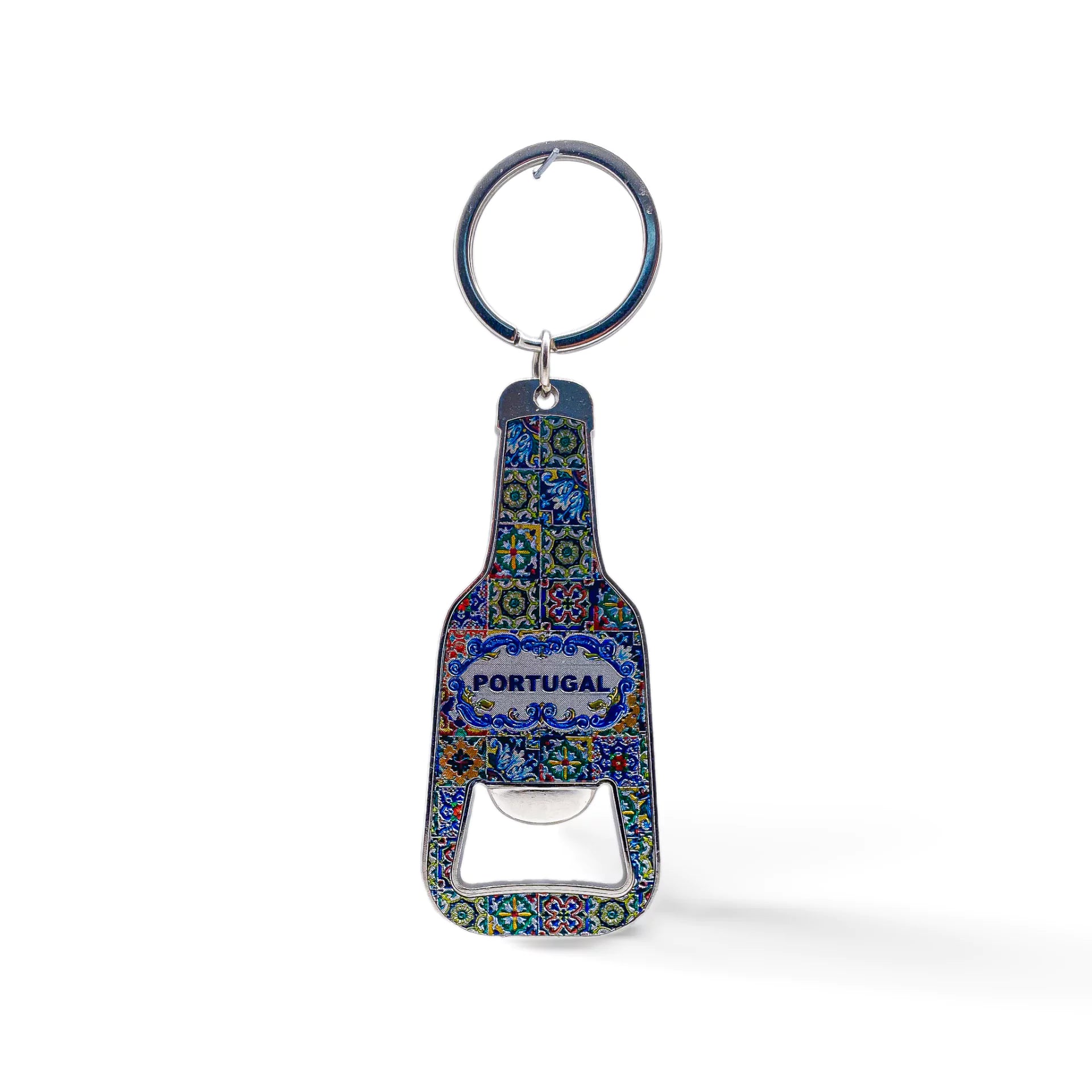 A keychain designed like a bottle opener with intricate, colorful patterns and the word "PORTUGAL" printed on it, complete with a magnet on the back. The keyring is attached at the top of the bottle-shaped opener.