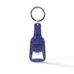 A keychain shaped like a bottle with a bottle opener at the bottom, this charming souvenir features intricate blue patterns resembling traditional Portuguese tile designs, with the word "Portugal" written in the center.