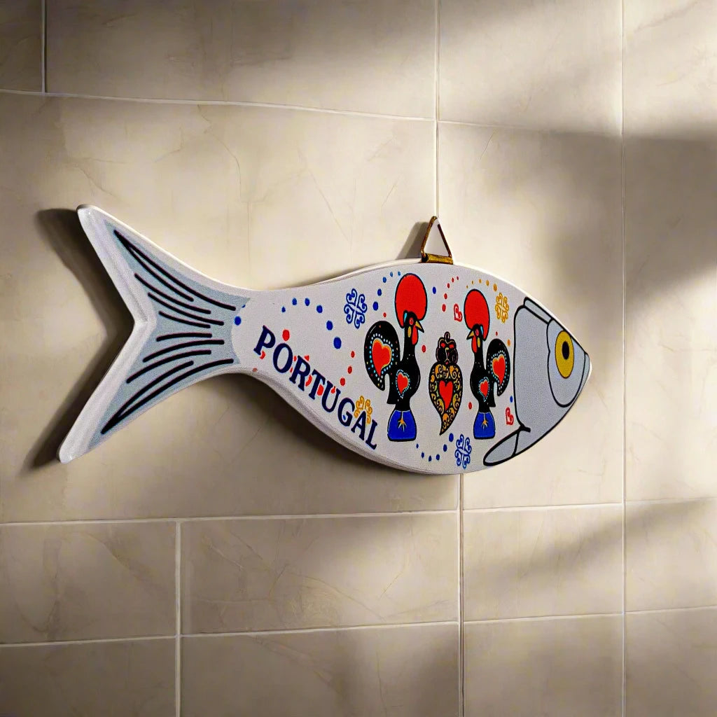 A fish-shaped souvenir wall decoration with "Portugal" inscribed on its side, showcasing three stylized roosters decorated in vibrant red, yellow, and blue details. The fish features a bright yellow eye and has a triangular hanger at the top, making it a striking and colorful addition to any space.