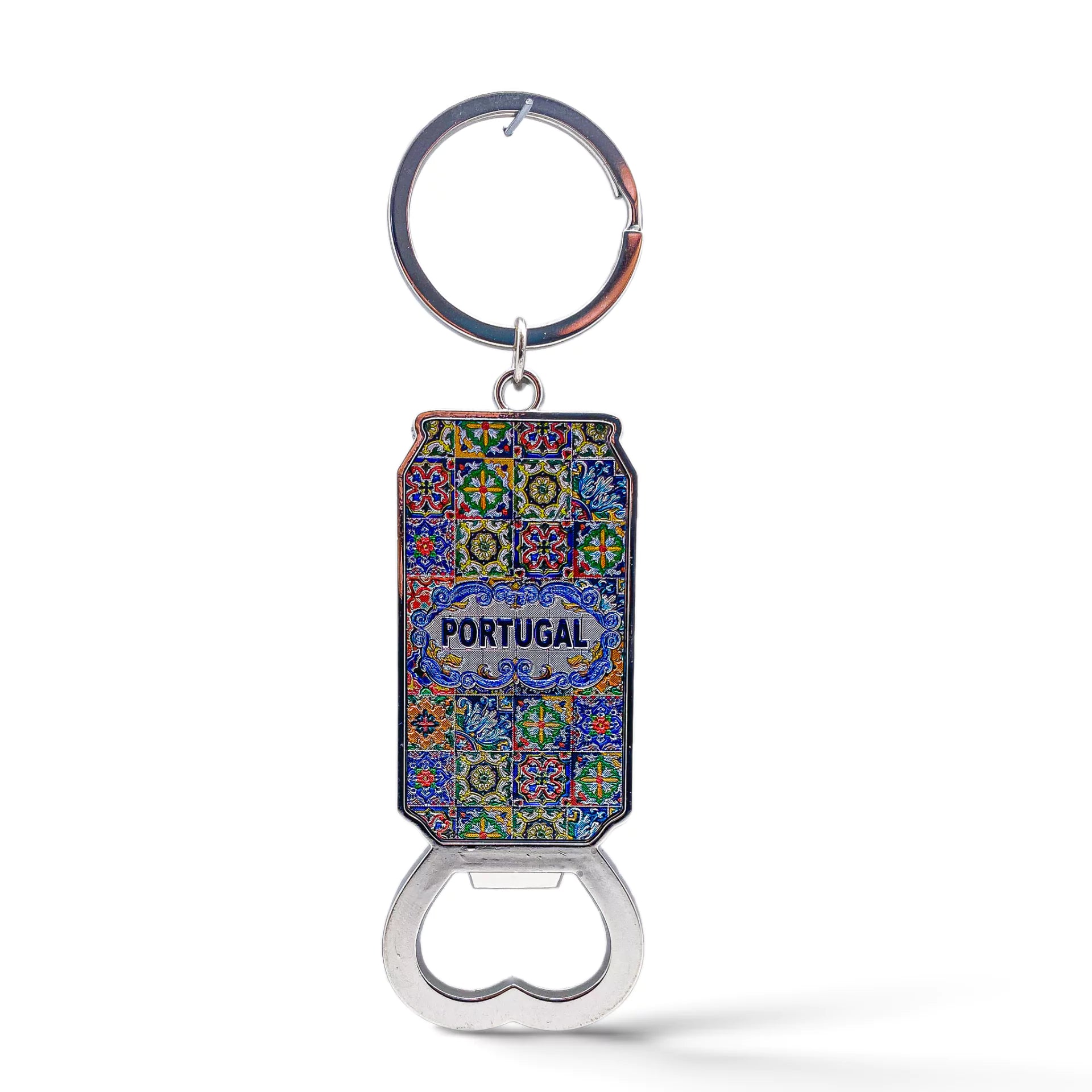 Keychain bottle opener featuring a colorful tile pattern with "Portugal" written in the center. The intricate design includes a mix of geometric and floral elements in vibrant colors. Perfect as a souvenir, the top has a circular keyring, and the bottom has a metal opener.